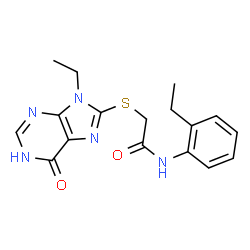 ChemSpider 2D Image | 2-[(9-Ethyl-6-oxo-6,9-dihydro-1H-purin-8-yl)sulfanyl]-N-(2-ethylphenyl)acetamide | C17H19N5O2S