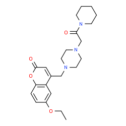 ChemSpider 2D Image | 6-Ethoxy-4-({4-[2-oxo-2-(1-piperidinyl)ethyl]-1-piperazinyl}methyl)-2H-chromen-2-one | C23H31N3O4