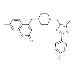ChemSpider 2D Image | 4-[(4-{[2-(4-Chlorophenyl)-5-methyl-1,3-oxazol-4-yl]methyl}-1-piperazinyl)methyl]-7-methyl-2H-chromen-2-one | C26H26ClN3O3