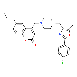 ChemSpider 2D Image | 4-[(4-{[2-(4-Chlorophenyl)-5-methyl-1,3-oxazol-4-yl]methyl}-1-piperazinyl)methyl]-6-ethoxy-2H-chromen-2-one | C27H28ClN3O4