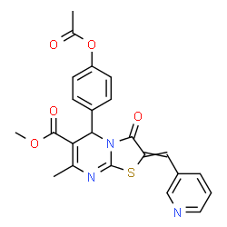 ChemSpider 2D Image | Methyl 5-(4-acetoxyphenyl)-7-methyl-3-oxo-2-(3-pyridinylmethylene)-2,3-dihydro-5H-[1,3]thiazolo[3,2-a]pyrimidine-6-carboxylate | C23H19N3O5S