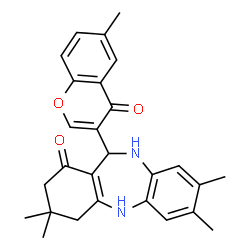 ChemSpider 2D Image | 3,3,7,8-Tetramethyl-11-(6-methyl-4-oxo-4H-chromen-3-yl)-2,3,4,5,10,11-hexahydro-1H-dibenzo[b,e][1,4]diazepin-1-one | C27H28N2O3