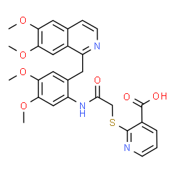 ChemSpider 2D Image | 2-{[2-({2-[(6,7-Dimethoxy-1-isoquinolinyl)methyl]-4,5-dimethoxyphenyl}amino)-2-oxoethyl]sulfanyl}nicotinic acid | C28H27N3O7S