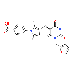 ChemSpider 2D Image | 4-(3-{[1-(2-Furylmethyl)-2,4,6-trioxotetrahydro-5(2H)-pyrimidinylidene]methyl}-2,5-dimethyl-1H-pyrrol-1-yl)benzoic acid | C23H19N3O6