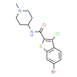 ChemSpider 2D Image | 6-Bromo-3-chloro-N-(1-methyl-4-piperidinyl)-1-benzothiophene-2-carboxamide | C15H16BrClN2OS