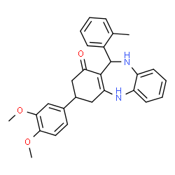 ChemSpider 2D Image | 3-(3,4-Dimethoxyphenyl)-11-(2-methylphenyl)-2,3,4,5,10,11-hexahydro-1H-dibenzo[b,e][1,4]diazepin-1-one | C28H28N2O3