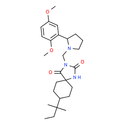 ChemSpider 2D Image | 3-{[2-(2,5-Dimethoxyphenyl)-1-pyrrolidinyl]methyl}-8-(2-methyl-2-butanyl)-1,3-diazaspiro[4.5]decane-2,4-dione | C26H39N3O4