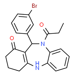 ChemSpider 2D Image | 11-(3-Bromophenyl)-10-propionyl-2,3,4,5,10,11-hexahydro-1H-dibenzo[b,e][1,4]diazepin-1-one | C22H21BrN2O2