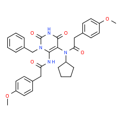 ChemSpider 2D Image | N-(1-Benzyl-6-{[(4-methoxyphenyl)acetyl]amino}-2,4-dioxo-1,2,3,4-tetrahydro-5-pyrimidinyl)-N-cyclopentyl-2-(4-methoxyphenyl)acetamide | C34H36N4O6