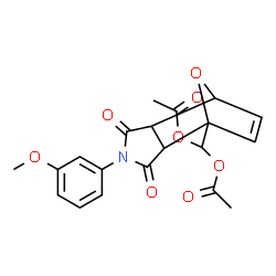 ChemSpider 2D Image | [4-(3-Methoxyphenyl)-3,5-dioxo-10-oxa-4-azatricyclo[5.2.1.0~2,6~]dec-8-en-1-yl]methylene diacetate | C20H19NO8