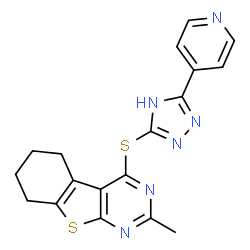 ChemSpider 2D Image | 2-Methyl-4-{[3-(4-pyridinyl)-1H-1,2,4-triazol-5-yl]sulfanyl}-5,6,7,8-tetrahydro[1]benzothieno[2,3-d]pyrimidine | C18H16N6S2