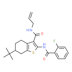 ChemSpider 2D Image | N-Allyl-2-[(2-fluorobenzoyl)amino]-6-(2-methyl-2-propanyl)-4,5,6,7-tetrahydro-1-benzothiophene-3-carboxamide | C23H27FN2O2S