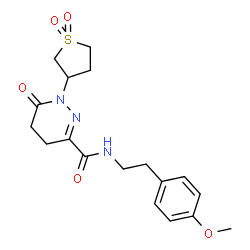 ChemSpider 2D Image | 1-(1,1-Dioxidotetrahydro-3-thiophenyl)-N-[2-(4-methoxyphenyl)ethyl]-6-oxo-1,4,5,6-tetrahydro-3-pyridazinecarboxamide | C18H23N3O5S
