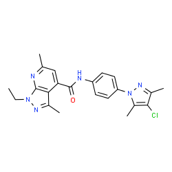 ChemSpider 2D Image | N-[4-(4-Chloro-3,5-dimethyl-1H-pyrazol-1-yl)phenyl]-1-ethyl-3,6-dimethyl-1H-pyrazolo[3,4-b]pyridine-4-carboxamide | C22H23ClN6O