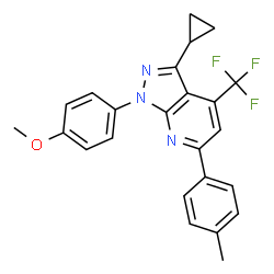 ChemSpider 2D Image | 3-Cyclopropyl-1-(4-methoxyphenyl)-6-(4-methylphenyl)-4-(trifluoromethyl)-1H-pyrazolo[3,4-b]pyridine | C24H20F3N3O