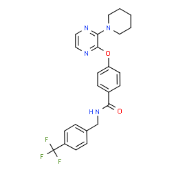 ChemSpider 2D Image | 4-{[3-(1-Piperidinyl)-2-pyrazinyl]oxy}-N-[4-(trifluoromethyl)benzyl]benzamide | C24H23F3N4O2