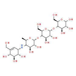ChemSpider 2D Image | 4,6-Dideoxy-4-{[(1S,4R,5S,6S)-4,5,6-trihydroxy-3-(hydroxymethyl)-2-cyclohexen-1-yl]amino}-alpha-D-galactopyranosyl-(1->4)-alpha-D-galactopyranosyl-(1->4)-D-galactopyranose | C25H43NO18
