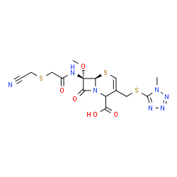 ChemSpider 2D Image | (6R,7S)-7-({[(Cyanomethyl)sulfanyl]acetyl}amino)-7-methoxy-3-{[(1-methyl-1H-tetrazol-5-yl)sulfanyl]methyl}-8-oxo-5-thia-1-azabicyclo[4.2.0]oct-3-ene-2-carboxylic acid | C15H17N7O5S3