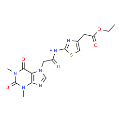ChemSpider 2D Image | Ethyl (2-{[(1,3-dimethyl-2,6-dioxo-1,2,3,6-tetrahydro-7H-purin-7-yl)acetyl]amino}-1,3-thiazol-4-yl)acetate | C16H18N6O5S