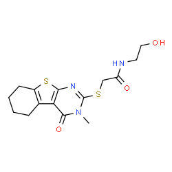 ChemSpider 2D Image | N-(2-Hydroxyethyl)-2-[(3-methyl-4-oxo-3,4,5,6,7,8-hexahydro[1]benzothieno[2,3-d]pyrimidin-2-yl)sulfanyl]acetamide | C15H19N3O3S2