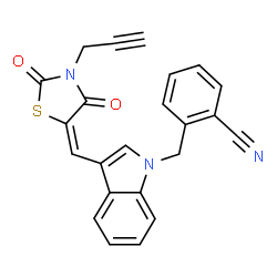 ChemSpider 2D Image | 2-[(3-{(E)-[2,4-Dioxo-3-(2-propyn-1-yl)-1,3-thiazolidin-5-ylidene]methyl}-1H-indol-1-yl)methyl]benzonitrile | C23H15N3O2S