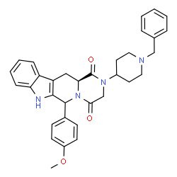 ChemSpider 2D Image | (12aS)-2-(1-Benzyl-4-piperidinyl)-6-(4-methoxyphenyl)-2,3,6,7,12,12a-hexahydropyrazino[1',2':1,6]pyrido[3,4-b]indole-1,4-dione | C33H34N4O3