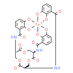ChemSpider 2D Image | {N,N',N''-[(3S,7S,11S)-2,6,10-Trioxo-1,5,9-trioxacyclododecane-3,7,11-triyl]tris[2,3-di(hydroxy-kappaO)benzamidato](6-)}ferrate(3-) | C30H21FeN3O15