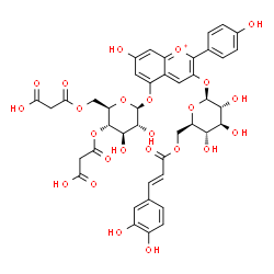 ChemSpider 2D Image | 3-({6-O-[(2E)-3-(3,4-Dihydroxyphenyl)-2-propenoyl]-beta-D-glucopyranosyl}oxy)-7-hydroxy-2-(4-hydroxyphenyl)-5-chromeniumyl 4,6-bis-O-(carboxyacetyl)-beta-D-glucopyranoside | C42H41O24