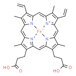 ChemSpider 2D Image | [3,3'-(3,7,12,17-Tetramethyl-8,13-divinyl-2,18-porphyrindiyl-kappa~4~N~21~,N~22~,N~23~,N~24~)dipropanoato(2-)]iron(1+) | C34H32FeN4O4