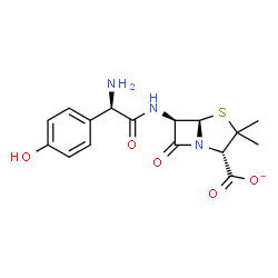 ChemSpider 2D Image | (2S,5R,6R)-6-{[(2R)-2-Amino-2-(4-hydroxyphenyl)acetyl]amino}-3,3-dimethyl-7-oxo-4-thia-1-azabicyclo[3.2.0]heptane-2-carboxylate | C16H18N3O5S
