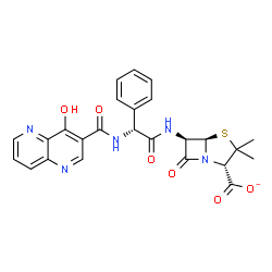 ChemSpider 2D Image | (2S,5R,6R)-6-{[(2R)-2-{[(4-Hydroxy-1,5-naphthyridin-3-yl)carbonyl]amino}-2-phenylacetyl]amino}-3,3-dimethyl-7-oxo-4-thia-1-azabicyclo[3.2.0]heptane-2-carboxylate | C25H22N5O6S