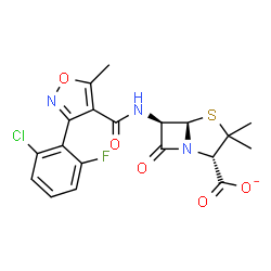 ChemSpider 2D Image | (2S,5R,6R)-6-({[3-(2-Chloro-6-fluorophenyl)-5-methyl-1,2-oxazol-4-yl]carbonyl}amino)-3,3-dimethyl-7-oxo-4-thia-1-azabicyclo[3.2.0]heptane-2-carboxylate | C19H16ClFN3O5S