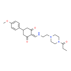 ChemSpider 2D Image | 5-(4-Methoxyphenyl)-2-({[2-(4-propionyl-1-piperazinyl)ethyl]amino}methylene)-1,3-cyclohexanedione | C23H31N3O4