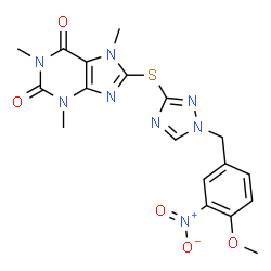 ChemSpider 2D Image | 8-{[1-(4-Methoxy-3-nitrobenzyl)-1H-1,2,4-triazol-3-yl]sulfanyl}-1,3,7-trimethyl-3,7-dihydro-1H-purine-2,6-dione | C18H18N8O5S