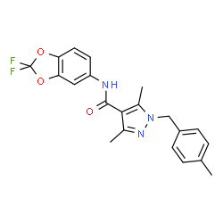 ChemSpider 2D Image | N-(2,2-Difluoro-1,3-benzodioxol-5-yl)-3,5-dimethyl-1-(4-methylbenzyl)-1H-pyrazole-4-carboxamide | C21H19F2N3O3