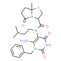 ChemSpider 2D Image | N-(6-Amino-1-benzyl-2,4-dioxo-1,2,3,4-tetrahydro-5-pyrimidinyl)-7a-methyl-N-(3-methylbutyl)-5-oxohexahydropyrrolo[2,1-b][1,3]thiazole-3-carboxamide | C24H31N5O4S