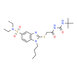 ChemSpider 2D Image | 2-{[1-Butyl-5-(diethylsulfamoyl)-1H-benzimidazol-2-yl]sulfanyl}-N-[(2-methyl-2-propanyl)carbamoyl]acetamide | C22H35N5O4S2