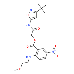 ChemSpider 2D Image | 2-{[3-(2-Methyl-2-propanyl)-1,2-oxazol-5-yl]amino}-2-oxoethyl 2-[(2-methoxyethyl)amino]-5-nitrobenzoate | C19H24N4O7