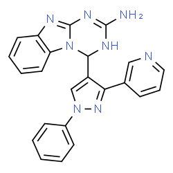 ChemSpider 2D Image | 4-[1-Phenyl-3-(3-pyridinyl)-1H-pyrazol-4-yl]-1,4-dihydro[1,3,5]triazino[1,2-a]benzimidazol-2-amine | C23H18N8