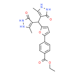ChemSpider 2D Image | Ethyl 4-{5-[bis(5-methyl-3-oxo-2,3-dihydro-1H-pyrazol-4-yl)methyl]-2-furyl}benzoate | C22H22N4O5