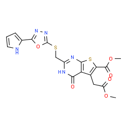 ChemSpider 2D Image | Methyl 5-(2-methoxy-2-oxoethyl)-4-oxo-2-({[5-(1H-pyrrol-2-yl)-1,3,4-oxadiazol-2-yl]sulfanyl}methyl)-1,4-dihydrothieno[2,3-d]pyrimidine-6-carboxylate | C18H15N5O6S2