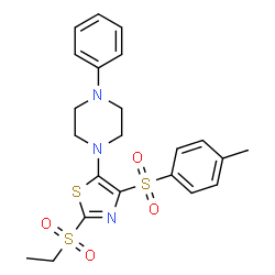 ChemSpider 2D Image | 1-{2-(Ethylsulfonyl)-4-[(4-methylphenyl)sulfonyl]-1,3-thiazol-5-yl}-4-phenylpiperazine | C22H25N3O4S3