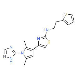 ChemSpider 2D Image | 4-[2,5-Dimethyl-1-(1H-1,2,4-triazol-3-yl)-1H-pyrrol-3-yl]-N-[2-(2-thienyl)ethyl]-1,3-thiazol-2-amine | C17H18N6S2