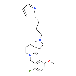 ChemSpider 2D Image | 7-(2-Fluoro-5-methoxybenzyl)-2-[3-(1H-pyrazol-1-yl)propyl]-2,7-diazaspiro[4.5]decan-6-one | C22H29FN4O2