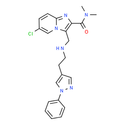 ChemSpider 2D Image | 6-Chloro-N,N-dimethyl-3-({[2-(1-phenyl-1H-pyrazol-4-yl)ethyl]amino}methyl)imidazo[1,2-a]pyridine-2-carboxamide | C22H23ClN6O