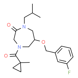 ChemSpider 2D Image | 6-[(3-Fluorobenzyl)oxy]-1-isobutyl-4-[(1-methylcyclopropyl)carbonyl]-1,4-diazepan-2-one | C21H29FN2O3