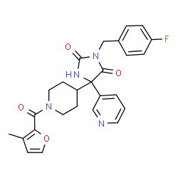 ChemSpider 2D Image | 3-(4-Fluorobenzyl)-5-[1-(3-methyl-2-furoyl)-4-piperidinyl]-5-(3-pyridinyl)-2,4-imidazolidinedione | C26H25FN4O4