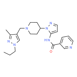 ChemSpider 2D Image | N-(1-{1-[(3-Methyl-1-propyl-1H-pyrazol-4-yl)methyl]-4-piperidinyl}-1H-pyrazol-5-yl)nicotinamide | C22H29N7O
