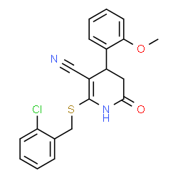 ChemSpider 2D Image | 2-[(2-Chlorobenzyl)sulfanyl]-4-(2-methoxyphenyl)-6-oxo-1,4,5,6-tetrahydro-3-pyridinecarbonitrile | C20H17ClN2O2S