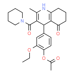 ChemSpider 2D Image | 2-Ethoxy-4-[2-methyl-5-oxo-3-(1-piperidinylcarbonyl)-1,4,5,6,7,8-hexahydro-4-quinolinyl]phenyl acetate | C26H32N2O5